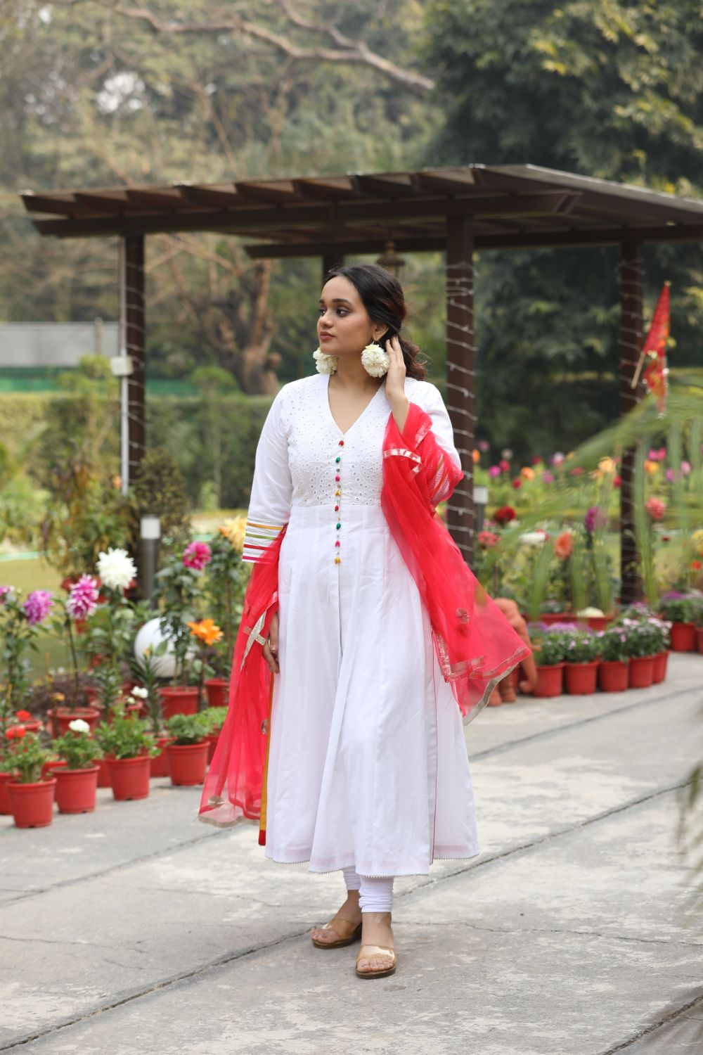 Preetigoyal White Anarkali with White churidaar & Red Net Daupatta White Anarkali with White churidaar & Red Net Daupatta