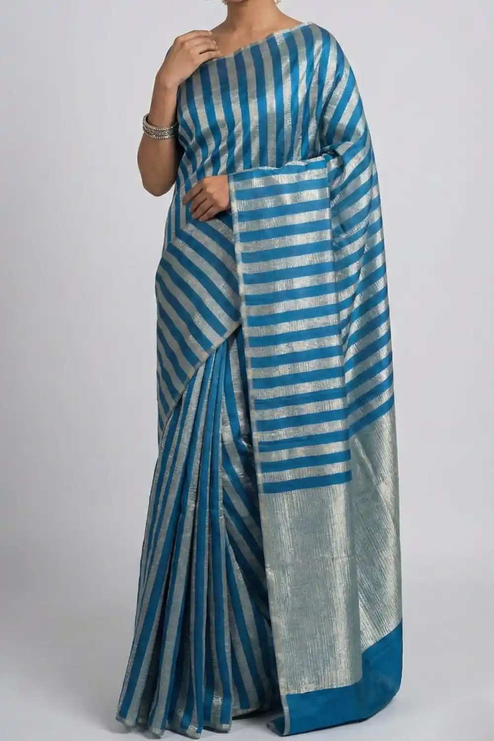 J3P-SRE-084-1 Blue Striped Crepe Silk Saree